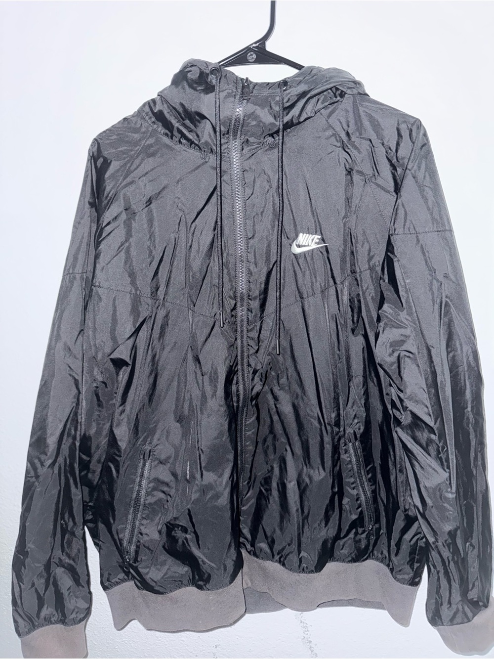 Nike Black Hooded Windbreaker Jacket with White Swoosh
